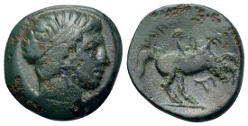 Kings of Macedon. Philip II (359-336 BC). Æ (17,8mm, 5.5g). Uncertain Macedonian mint. Diademed head of Apollo r. R/ Horseman r.