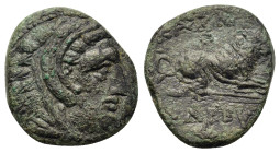 Kings of Macedon. Kassander (316-297 BC). Æ Half Unit (15,7mm, 3.3g). Pella mint(?). Head of Herakles r., wearing lion skin. R/ Lion couchant r.; mono...