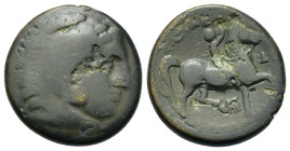 Kings of Macedon, Kassander (316-297 BC). Æ (19,2mm, 6.2g). Head of Herakles r., wearing lionskin headdress. R/ Youth on horse r. AN monogram in r. fi...