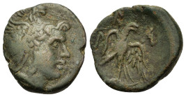 Kings of Macedon. Philip V (221-179 BC). Æ (17mm, 4g). Pella or Amphipolis. Helmeted head of the hero Perseus r., with harpa over shoulder. R/ Eagle, ...