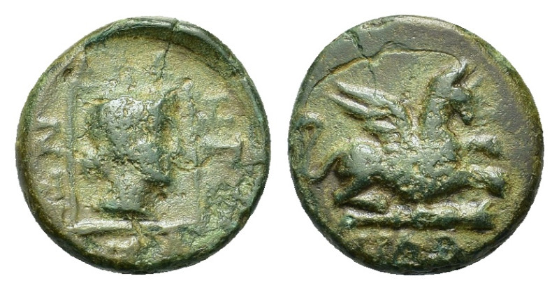 Thrace, Abdera, c. 350-323 BC. Æ (17mm, 5g). Griffin seated r. on club. R/ Head ...