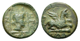 Thrace, Abdera, c. 350-323 BC. Æ (17mm, 5g). Griffin seated r. on club. R/ Head of Apollo r. in linear square. AMNG II 215 var. (magistrate); SNG Cope...
