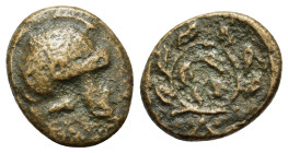 Thrace, Maroneia (as Agothokleia), early 3rd century BC. Æ (). Macedonian helmet r. R/ Large A below wreath. Very rare.