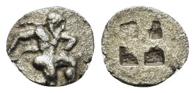 Islands off thrace, Thasos, c. 500-480 BC. AR Trihemiobol (10,3mm, 0.6g). Archaic satyr kneeling r. R/ Quadripartite incuse square. Rosen 145; SNG Cop...