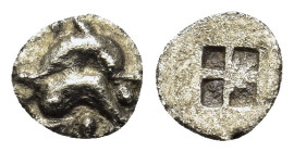 Islands off Thrace, Thasos, c. 500-480 BC. AR Obol (7,8mm, 0.4g). Two dolphins leaping to left and right; pellet below. R/ Quadripartite incuse square...