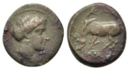 Thessaly, Larissa, c. 380-337 BC. Æ (18,3mm, 4.5g). Head of the nymph Larissa to right, her hair bound and rolled, wearing earring. R/ Horse grazing t...