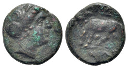 Thessaly, Larissa, late 4th-3rd century BC. Æ Chalkous (12mm, 1.67g, 12h). Head of the nymph r. R/ Crouching horse l., about to roll. cf. BCD Thessaly...