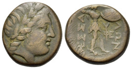 Thessaly, Thessalian League, mid-late 2nd century BC. Æ Dichalkon (19,1mm, 9.15g). Laureate head of Apollo r. R/ Athena Itonia striding r., hurling sp...