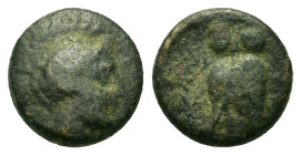 Mysia, Miletopolis. (2nd-1st centuries BC). Æ (13mm, 3g). Helmeted head of Athena right.
R/Double-bodied owl standing facing. SNG Arikantürk 668-71; S...