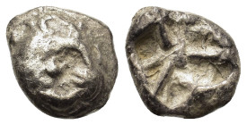 Mysia, Parium. 5th century BC. AR Drachm (14,2mm, 3.85g). Facing gorgoneion, with mouth open and tongue protruding. R/ Rough square incuse. SNG BnF 13...
