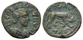 Troas, Alexandria, c. mid 3rd century AD. Æ (25,2mm, 7g). Turreted and draped bust of Tyche r.; vexillum behind. R/ She-wolf standing r., suckling the...
