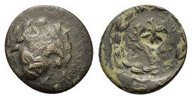 Troas, Alexandria, c. 164-135 BC. Æ (18,2mm, 3.4g). Laureate, facing head of Apollo. R/ Lyre within laurel wreath; c/ms. Bellinger A144; SNG Copenhage...