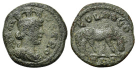 Troas, Alexandria. Pseudo-autonomous issue. Time of Trebonianus Gallus or Valerian I (251-260). Æ (21,8mm, 6.5g). Draped bust of Tyche r., wearing mur...