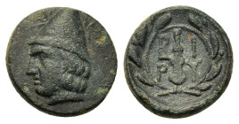 Troas, Birytis, c. 4th-3rd centuries BC. Æ (11mm, 1.3g). Head of Kabeiros l., wearing conical helmet; star above to left and right. R/ B - I / P - Y. ...