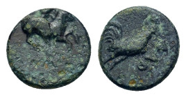 Troas, Dardanos, c. 350 BC. Æ (19,6mm, 5.8g). Horseman riding r., wearing petasos and cape, r. hand raised. R/ Cock standing r.; ∆AP before. SNG Münch...