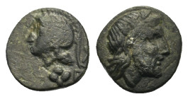 Aeolis, Autokane (3rd century BC). Æ (8,6mm, 0.52g) Laureate head of Zeus right. R/ AYTOK.Helmeted head of Athena left. SNG Cop. – Good VF.