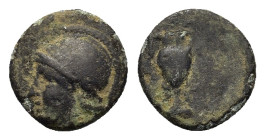 Lesbos, Methymna, c. 350-240 BC. Æ (9,8mm, 0.83g). Helmeted head of Athena l. R/ Kantharos; above, grain ear right.