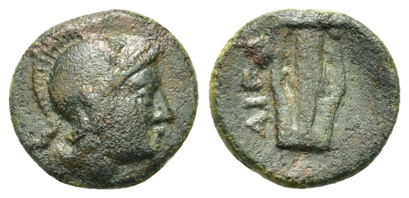 Ionia, Airai, c. 380-370 BC. Æ (12mm, 1.3g). Helmeted head of athena r. R/ Lyre....