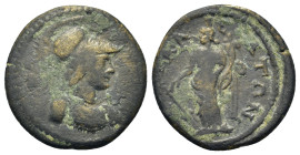 Lydia, Attalea, c. 2nd-4rd century AD Pseudo-autonomous. Æ (19,2mm, 3.15g). Helmeted bust of Athena right, wearing aegis. R/Tyche standing left, holdi...