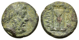 Caria, Halikarnassos, c. 2nd century BC. Æ (16mm, 3.30g). Head of Poseidon r. R/ Tripod. Cf. HN online 1334-5.