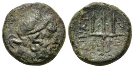 Caria, Halikarnassos, c. 2nd Century BC. Æ (17,9mm, 5.7g). Head of Poseidon r. R/ Ornate trident head. Cf. SNG Copenhagen 357.