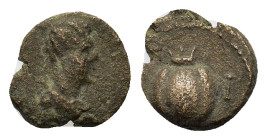Pamphylia, Side, c. 2nd century BC. Æ (12,4mm, 1.5g). Head of Artemis to right, quiver over shoulder; uncertain symbol before. R/ Pomegranate; C-I acr...