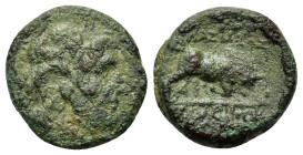 Seleukid Kings. Seleukos I Nikator (312-281 BC). Æ (14,7mm, 0.4g). Seleukeia on the Tigris mint II. Winged head of Medusa r. R/ Bull butting r. SC 151...