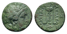 Seleukid Kings. Antiochos II Theos (261-246 BC). Æ (13,5mm, 4g). Sardes. Laureate head of Apollo r. R/ Tripod; to l., monogram and to r.; in ex., anch...