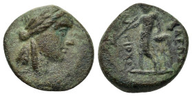 Seleukid Kings. Antiochos III (222-187 BC). Æ (16,9mm, 3.7g). Sardes. Laureate head of Apollo r. R/ Apollo standing l., holding arrow and resting elbo...