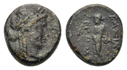 Seleukid Kings. Antiochos III (222-187 BC). Æ (14mm, 3g). Sardes. Laureate head of Apollo r. R/ Apollo standing l., testing arrow held in r. hand, l. ...