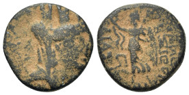 Seleukis and Pieria, Apameia, c. 1st century BC. Æ (17mm, 3.75g). Turreted and veiled head of Tyche r. R/ Victory advancing l. HGC 9, 1429.