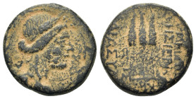 Seleukis and Pieria, Apameia. Pseudo-autonomous issue. Circa 1st century BC. Æ (19mm, 6.5g). Bust of Demeter with wreath of ears of corn r. R/ Three e...