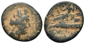 Phoenicia, Arados, c. 2nd centuries BC. Æ (20,9mm, 6.07g). Turreted and draped bust of Tyche r., palm over shoulder. R/ Poseidon seated l. on prow to ...
