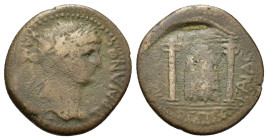 Trajan (98-117). Pamphylia, Perge. Triassarion (24mm, 6.8g). Laurate head of Trajan to right. R/ Distyle ionian temple with the cult-statue of Artemis...