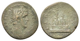 Antoninus Pius (138-161). Pisidia. Selge. Æ (24,2mm, 8g). Laureate head right. R/ The Sanctuary of Zeus and Herakles: platform with stairway in front ...