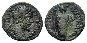 Septimius Severus (193-211). Pisidia, antioch. Æ (20mm, 4.9g). Laureate, draped and cuirassed bust r. R/ Fortuna standing facing, head l., holding whe...