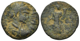 Geta (Caesar, 198-209). Pisidia, Antioch. Æ (21mm, 3.65g). Laureate, draped and cuirassed bust r. R/ Tyche standing l., holding rudder and cornucopia....