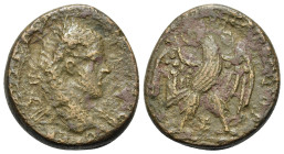 Elagabalus (218-222). Seleucis and Pieria, Antioch. Æ Tetradrachm (22,7mm, 12.3g). Laureate bust r., slight drapery on far shoulder. R/ Eagle with spr...