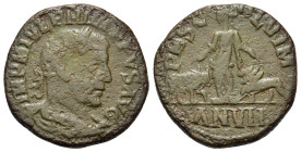 Philip I (244-249). Moesia Superior, Viminacium. Æ (27mm, 17.7g). Laureate, draped and cuirassed bust r. R/ Moesia standing facing, head l., between b...