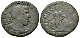 Philip I (244-249). Moesia Superior, Viminacium. Æ (21,5mm, 3.4g). Laureate, draped, and cuirassed bust r. R/ Moesia standing between bull and lion.
