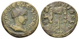 Volusian (251-253). Pisidia, Antiochia. Æ (23,3mm, 7.2g). Radiate and draped bust r., seen from behind. R/ Aquila between two signa; S R on banner, tw...