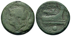 Anonymous, Rome, c. 217-215 BC. Æ Uncia (25mm, 12.46g.). Helmeted head of Roma l. R/ Prow of galley r. Crawford 38/6; RBW 98-9. Green patina