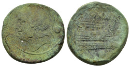 Anonymous, Rome, 217-215 BC. Æ Uncia (24mm, 15g). Semilibral standard. Helmeted head of Roma to left; • (mark of value) behind. R/ Prow of galley to r...