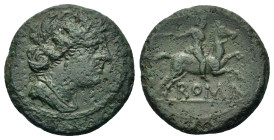 Anonymous, Rome, 217-215 BC. Æ Semuncia (20mm, 4.06g). Draped female bust r., wearing mural crown. R/ Horseman r. on galloping horse, holding whip. Cr...