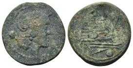 Anonymous, Rome, c. 215-212 BC. Æ Uncia (22mm, 8.3g). Helmeted head of Roma r. R/ Prow of galley r. Crawford 41/10; RBW 135. Green patina