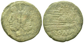 Anonymous, Rome, after 211 BC. Æ As (32mm, 17.9g). Laureate head of Janus. R/ Prow of galley r. Crawford 56/2; RBW 200-2. Green patina.