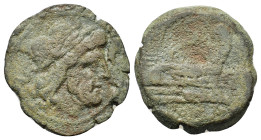 Anonymous, after 211 BC. Æ Semis (24,8mm, 8.3g). Laureate head of Saturn right, S in field behind.
R/Prow of galley right, S in field above. Crawford ...