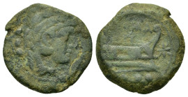 Star series, Rome, 169-158 BC. Æ Quadrans (20mm, 5.9g). Head of Hercules r., wearing lion skin. R/ Prow of galley r.; star to r. Crawford 196/4. Green...