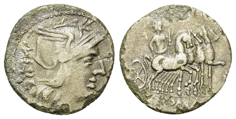 M. Vargunteius, Rome, 130 BC. AR Denarius (19,3mm, 2.7g). Helmeted head of Roma ...