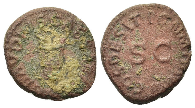 Claudius (41-54). Æ Quadrans (16mm, 3.43g). Rome, AD 41. Three-legged modius. R/...